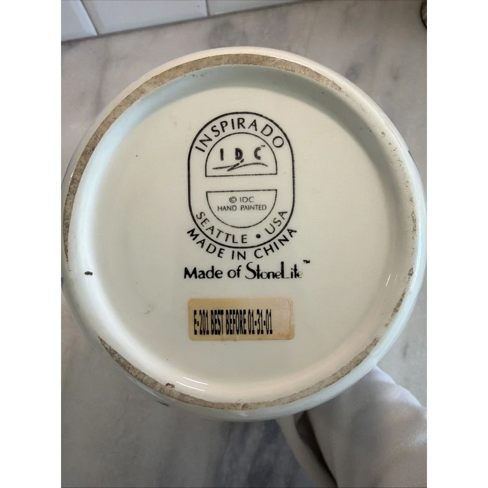 Inspirado Canister Cookie Jar White Blue Stonelite‎ Hinged Seal Lid 9.75
